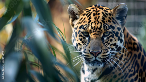 Jaguar in the wild. A majestic jaguar with piercing eyes is seen through the leaves in its natural habitat  showcasing its beautiful spotted coat and intense gaze..