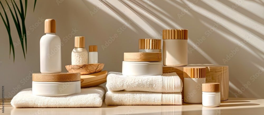 Elegant Spa and Wellness Products Display in Serene Setting. Calm Beige Color Scheme with Natural Light and Shadows. Ideal for Health and Self-care Promotions. AI Elegant Spa and Wellness Products Display in Serene Setting. Calm Beige Color Scheme with Natural Light and Shadows. Ideal for Health and Self-care Promotions. AI