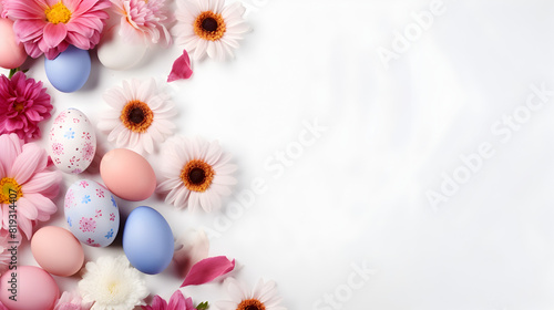 Happy Easter concept with easter eggs in nest and spring flowers on light background Easter background 