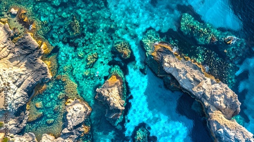 Aerial View of a Turquoise Coastline  Rocky Landscape  and Clear Waters. Perfect for Travel and Nature Themes. AI