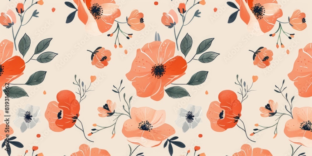 Seamless Pattern Wildflower on Beige Background, Vector Orange Floral Pattern on Peach, iIlustration Cute botanical hand drawn style Seamless Pattern Wildflower on Beige Background, Vector Orange Floral Pattern on Peach, iIlustration Cute botanical hand drawn style