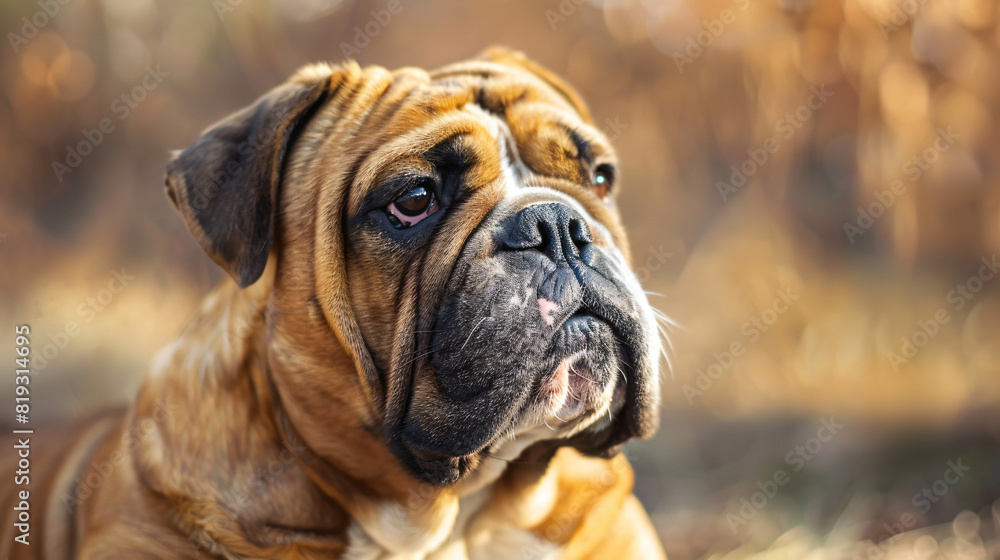 Bulldog in a sunlit park. A wrinkled bulldog with a serious expression stands in a sunlit park, with autumn leaves and golden light creating a picturesque backdrop..