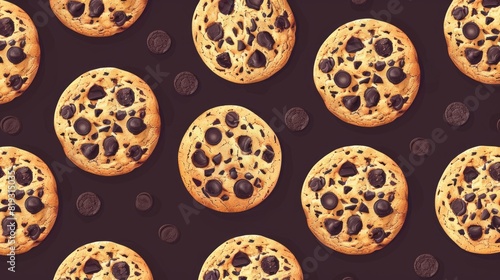 Seamless texture with a delicious American cookie on a dark background