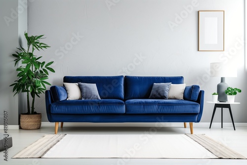 Minimalist living room with vibrant blue velvet sofa, neutral decor accents, indoor plants, and a clean, modern aesthetic creating a fresh and inviting atmosphere