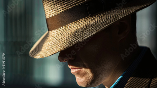 Man with a hat in shadow. A mysterious man in a straw hat, partially obscured by shadows, with a contemplative expression, evoking a sense of intrigue and depth.. photo