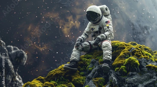 An astronaut sits on mossy grass against a background of a bright starry sky. Full-length portrait of an astronaut in high resolution with detailed cinematic effects.