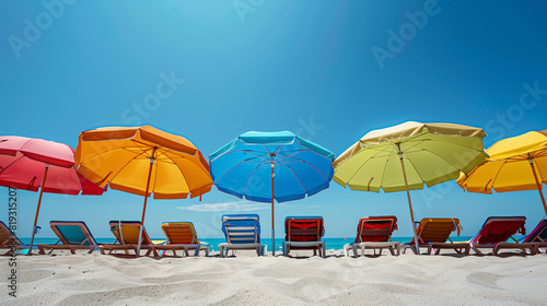 Colorful Beach Umbrellas and Chairs on Sandy Beach