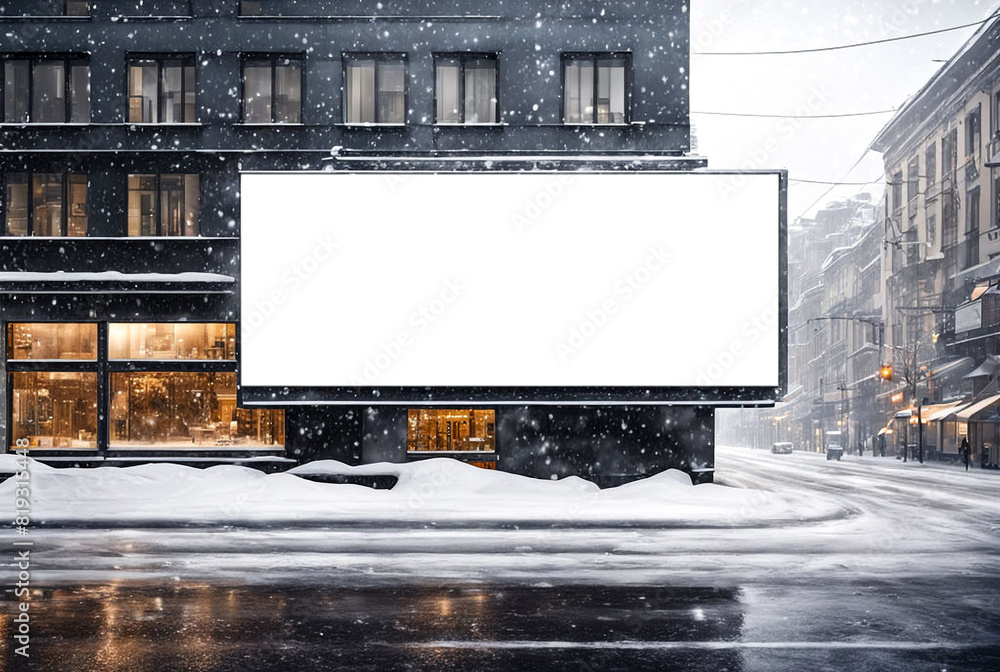 Large screen display, advertising mockup billboard in snowfall winter city street, ad banner. Promo poster mock-up in urban road, template for your text. Presentation board, big blank. Copy ad space