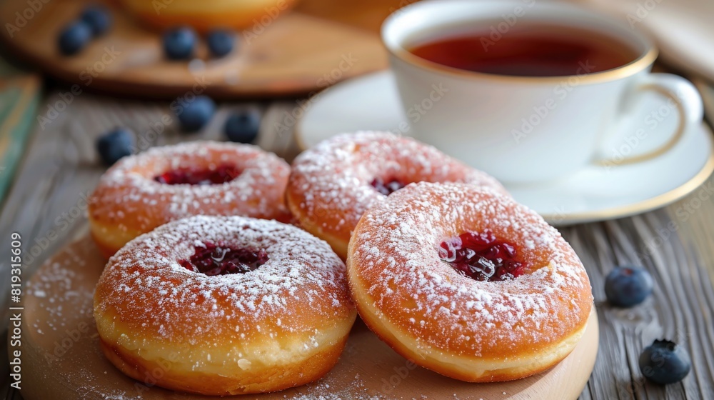 Selective focus of home made jam doughnuts with burry background of cup of hot blueberry tea.