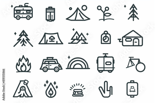 Set of Travel Outdoor Related Vector Line Icons. Contains such Icons as Campfire, Hiking, Camp Trailer and more. Editable Stroke. set vector icon