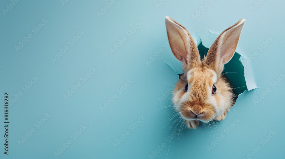 Obraz premium Rabbit Peeking Through a Hole in Blue Paper