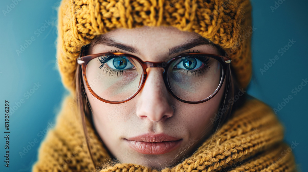 Close-up portrait of a woman wearing glasses and a yellow knit hat. A detailed and intimate shot highlighting the blue eyes and facial features of a young woman dressed warmly in winter attire. Close-up portrait of a woman wearing glasses and a yellow knit hat. A detailed and intimate shot highlighting the blue eyes and facial features of a young woman dressed warmly in winter attire.