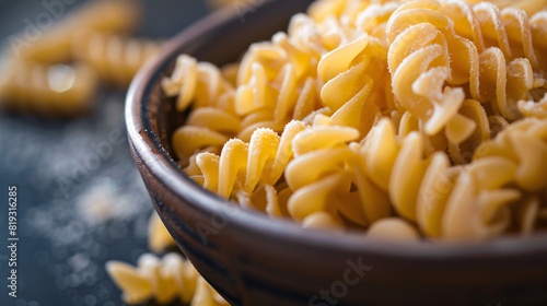 Close-up of uncooked fusilli pasta in a wooden bowl. The image captures the detailed texture and shape of the pasta spirals, highlighting the raw, natural appearance of this popular Italian food..