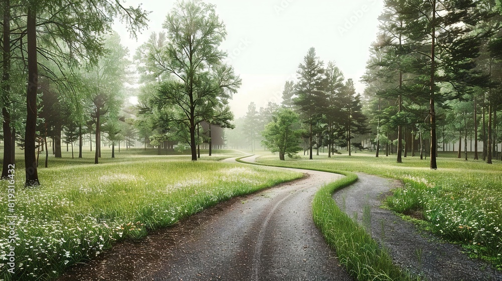   Dirt road between trees, grassy field on either side