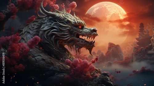 A Majestic Dragon Roars Under a Full Moon in a Fantasy Realm
