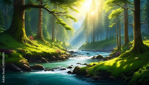 beautiful green forest with a river flowing under sunlight