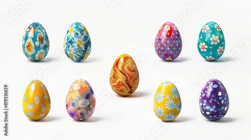   A cluster of colorful eggs arranged on a white background, showcasing unique patterns