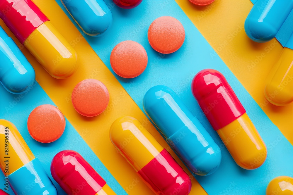 A bunch of colorful pills sitting on top of a blue and yellow surface A bunch of colorful pills sitting on top of a blue and yellow surface