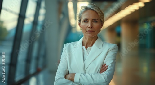 Business Woman in White Suit Standing in Front of Building