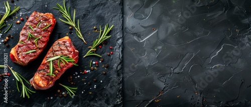 Juicy Steaks on a Black Slate Background photo