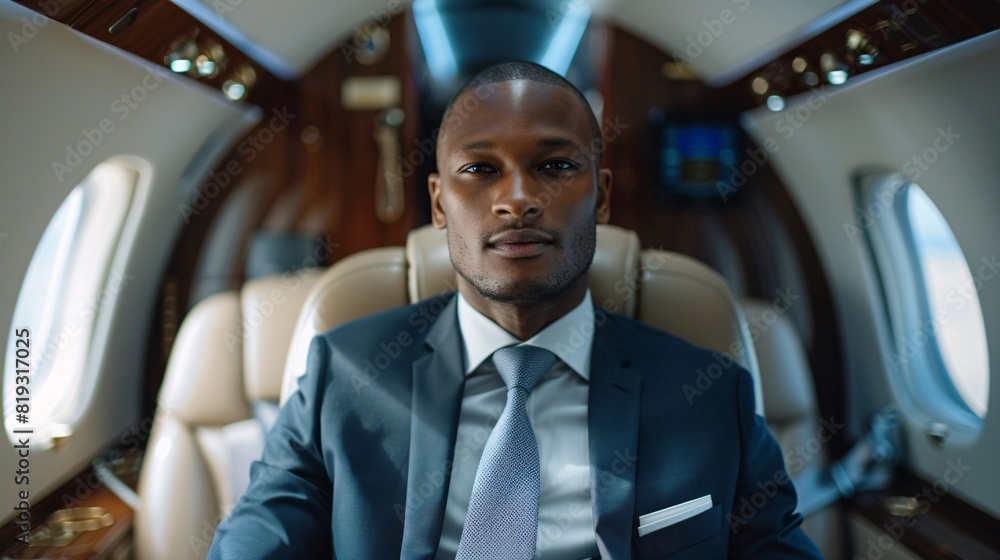 black rich man on private plane
