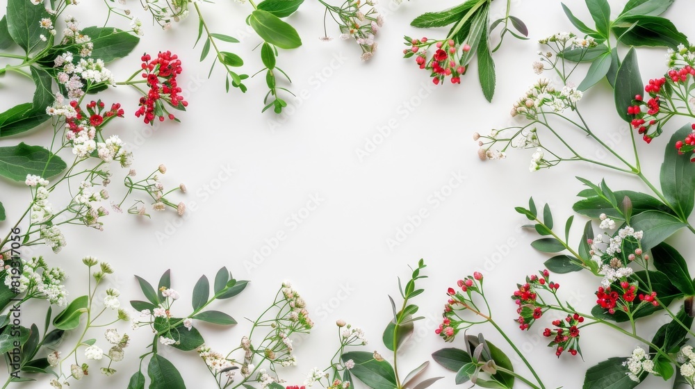Frame wreath with red and white wildflowers, green leaves, branches on white background. Flat lay, Frame wreath with red and white wildflowers, green leaves, branches on white background. Flat lay,