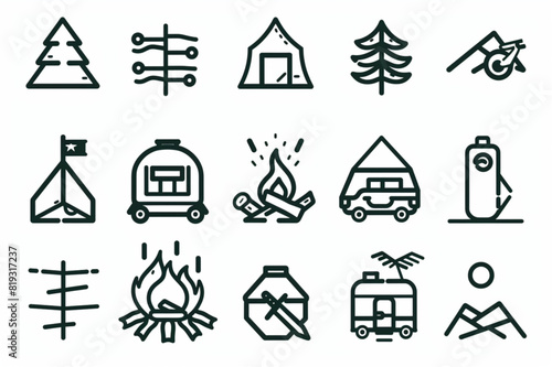 Set of Travel Outdoor Related Vector Line Icons. Contains such Icons as Campfire, Hiking, Camp Trailer and more. Editable Stroke. set vector icon, white background, black colour icon