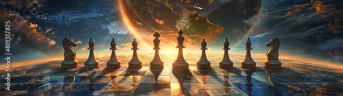 The chessboard is set against the backdrop of Earth, with pieces arranged in an elegant and balanced manner. The planet's surface reflects off each piece as if it were part of their design. A digital photo