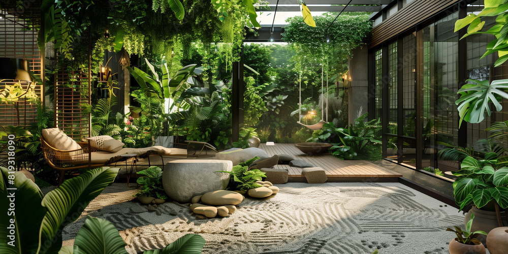 Obraz premium Lush Indoor Garden with Modern Furniture and Greenery