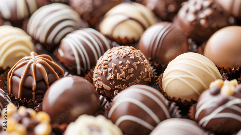 Assorted chocolate truffles. An array of decadent chocolate truffles in various shapes and sizes, adorned with intricate designs and toppings... Assorted chocolate truffles. An array of decadent chocolate truffles in various shapes and sizes, adorned with intricate designs and toppings...