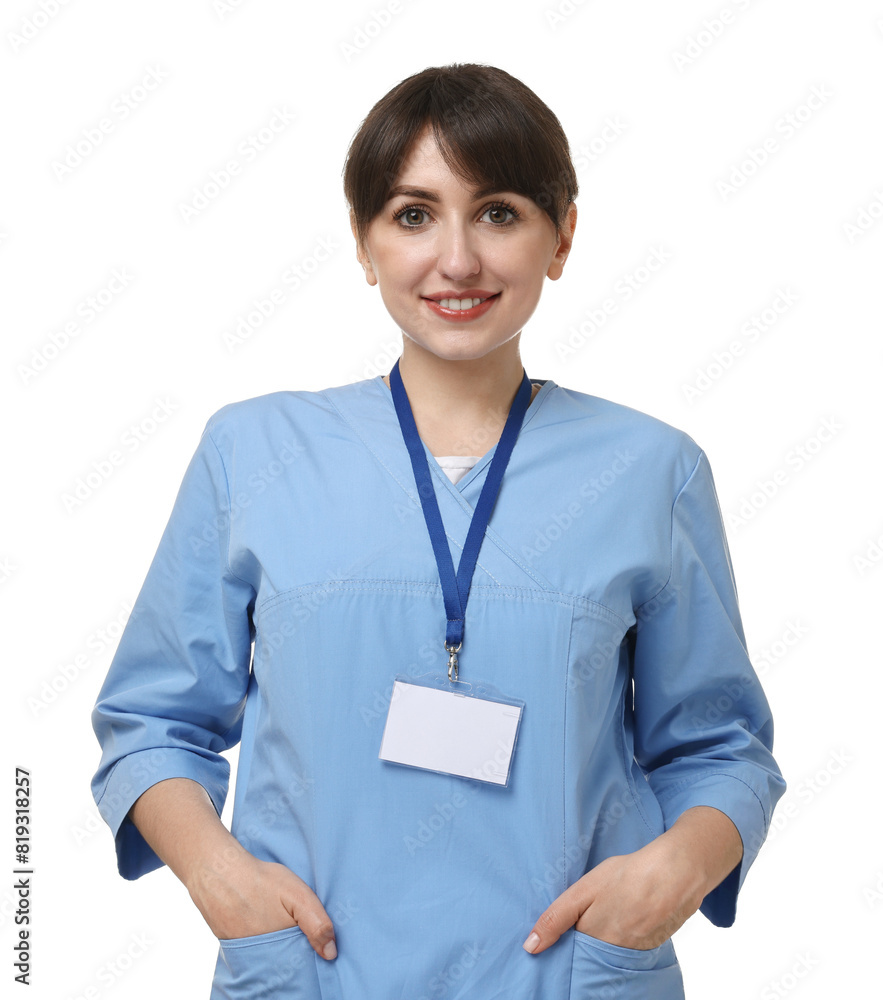 Portrait of smiling medical assistant on white background Portrait of smiling medical assistant on white background