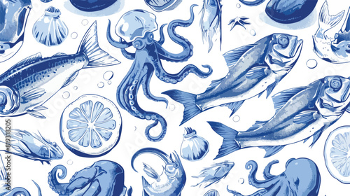 vector sketch seafood seamless pattern with monochr photo