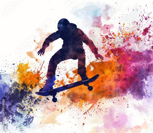 Skater Riding Skateboard Watercolor Painting