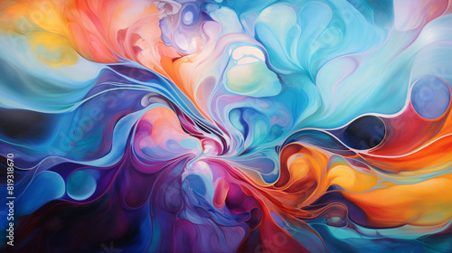 Swirling patterns of colorful paints cometogether  forming an enchanting and mesmerizing abstract masterpiece.