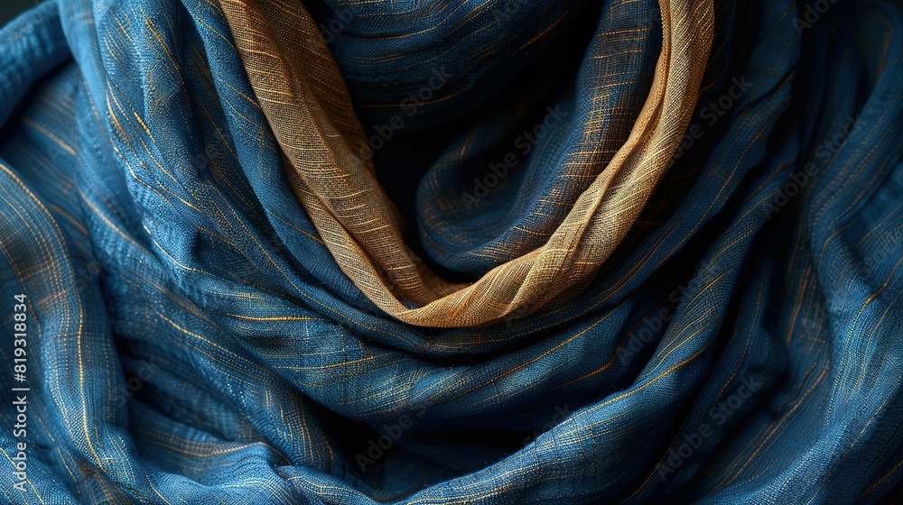 Obraz premium A blue and gold scarf with a yellow stripe at the bottom is shown in a close-up