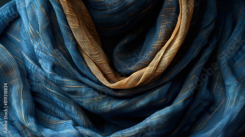   A blue and gold scarf with a yellow stripe at the bottom is shown in a close-up photo