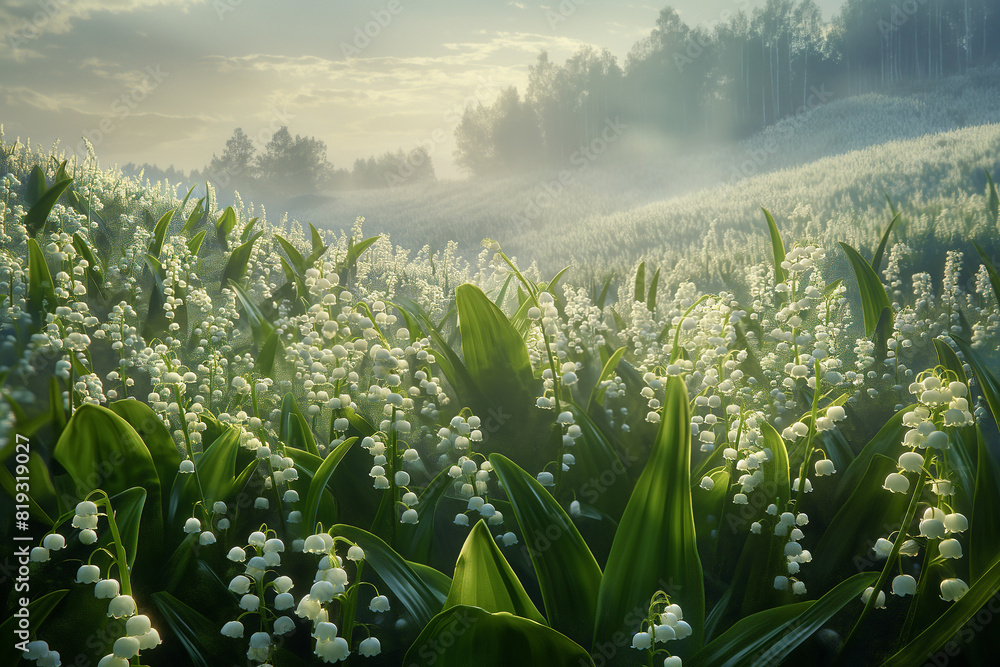 flowery field full of lily of the valley flowers in the early morning mist, unsharp forest in background, photorealistic // ai-generated flowery field full of lily of the valley flowers in the early morning mist, unsharp forest in background, photorealistic // ai-generated