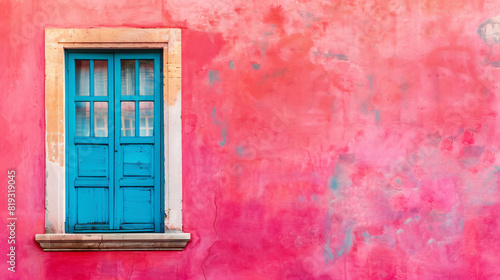 Blue window on pink wall. A vibrant blue window set in a weathered pink wall, creating a striking contrast of colors and textures...