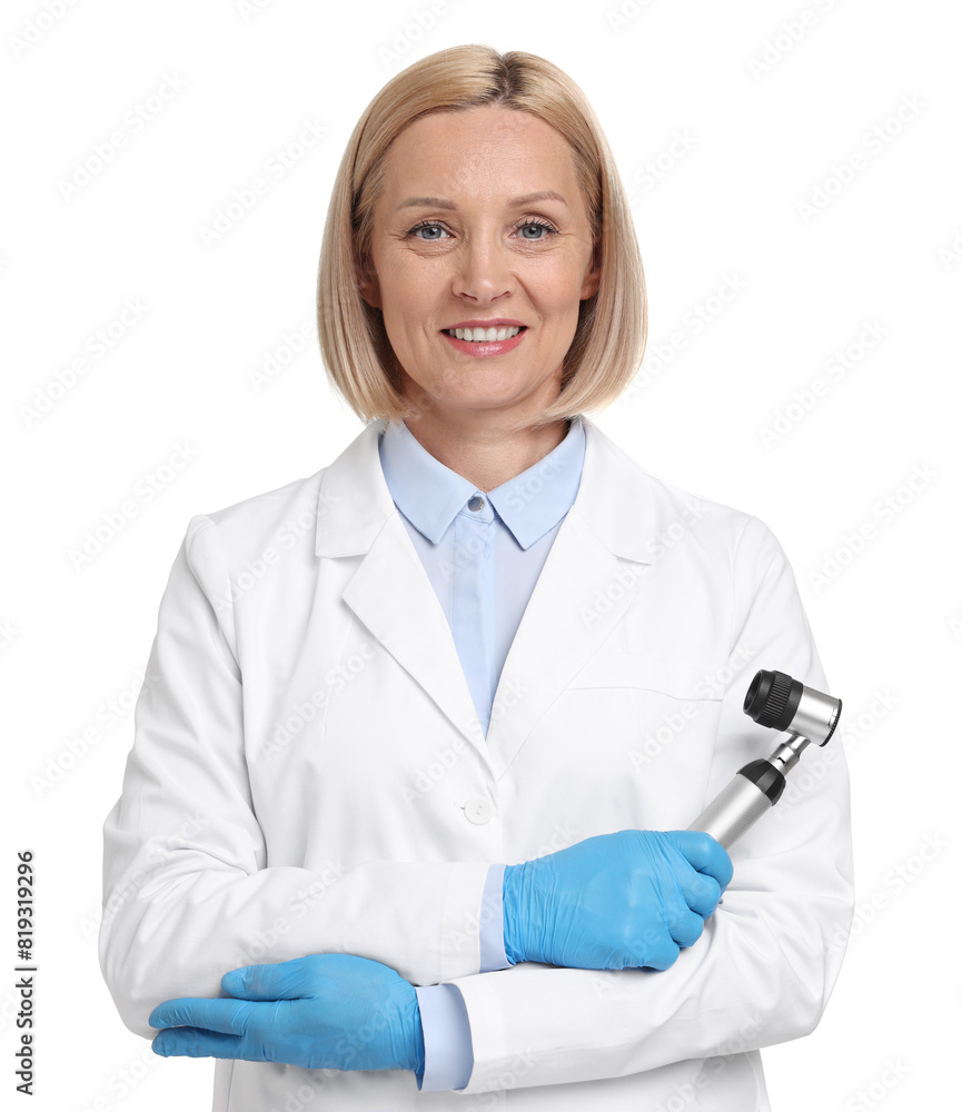 Happy dermatologist with dermatoscope isolated on white Happy dermatologist with dermatoscope isolated on white