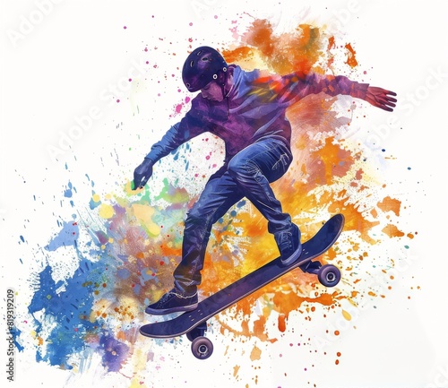 Skater Riding Skateboard Watercolor Painting