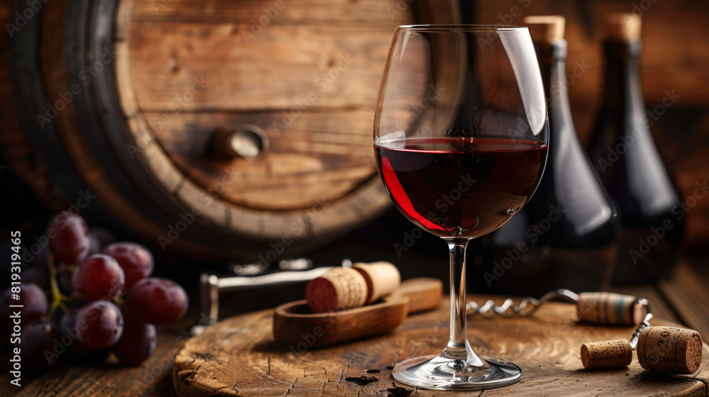 Red wine in glass on wooden table. A glass of red wine elegantly placed on a rustic wooden table with a barrel and grapes in the background... Red wine in glass on wooden table. A glass of red wine elegantly placed on a rustic wooden table with a barrel and grapes in the background...