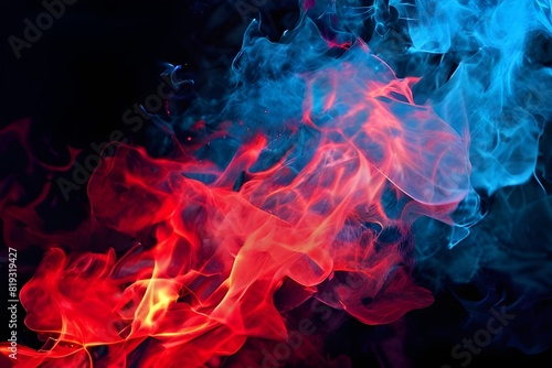  abstract neon flame cloud engulfed in a struggle of blue and red smoke representing the cold versus