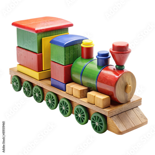 Vintage toy train model made of blocks Isolated on transparent background