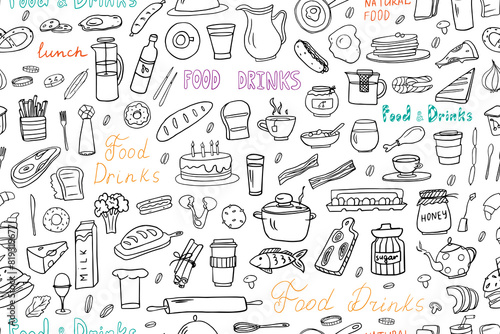 Seamless pattern of healthy food and fast food ingredients with lettering in doodle style. Hand drawn. Great for menu design, banners, sites, packaging. Vector illustration EPS10. 