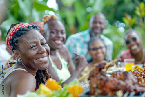 A joyful Jamaican family gathering for a backyard barbecue, grooving to reggae music and feasting on jerk chicken and plantains. Concept of cultural celebration and culinary delight. Generative Ai.