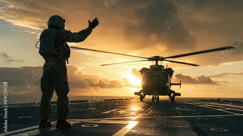  Signal man give a signal to anti-submarine warfare helicopter on the aviation deck of aircraft carrier photo