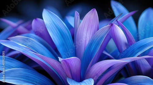   A high-resolution close-up photo of a vivid purple and blue flower against a dark backdrop  with a sharp focus on the intricate details of the petals