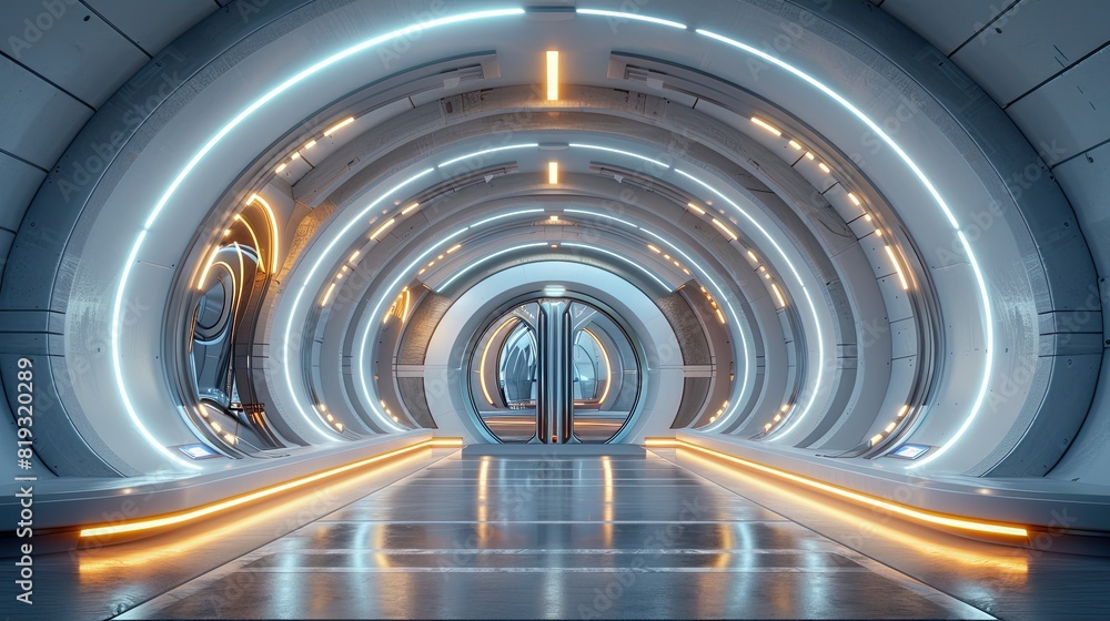 The futuristic tunnel is designed in a circular shape, with a glass window positioned on the left side, a metal door located in the center, and a row of lights illuminating the right side The futuristic tunnel is designed in a circular shape, with a glass window positioned on the left side, a metal door located in the center, and a row of lights illuminating the right side