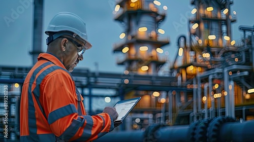 The diesel fuels sector, offshore oil industry, biodiesel fuels plant with engineers conducting safety inspections using tablet, and the oil transportation industry