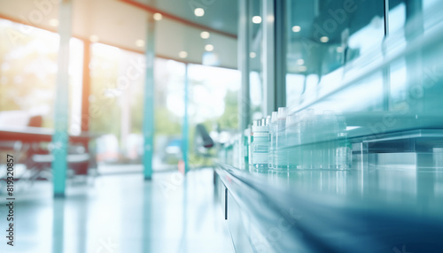 The blurred abstract background of the pharmacy.